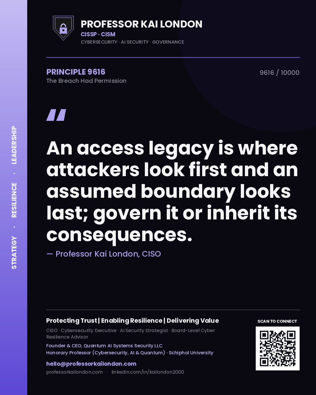 Professor Kai London principle 9616: An access legacy is where attackers look first and an assumed boundary looks last; govern it or inherit its consequences.