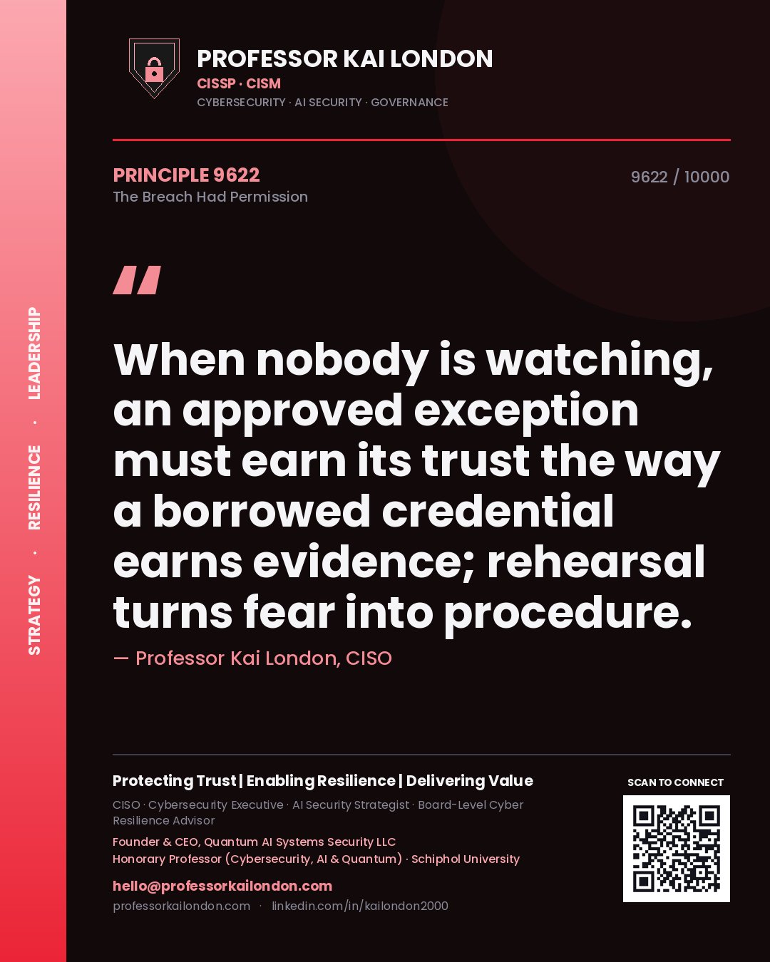 Quote card by Professor Kai London reading 'When nobody is watching, an approved exception must earn its trust the way a borrowed credential earns evidence; rehearsal turns fear into procedure.'. From the book The Breach Had Permission.