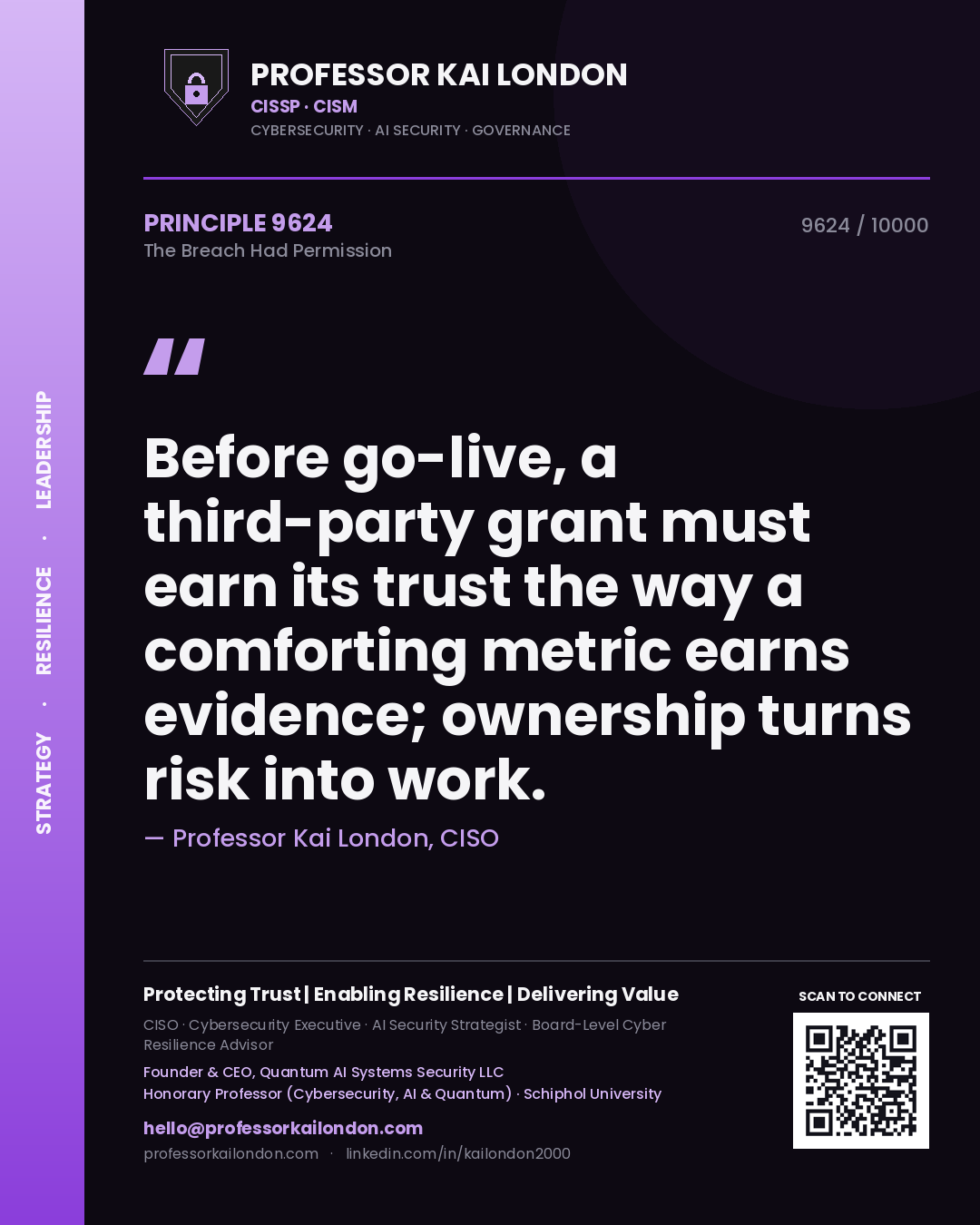 Quote card by Professor Kai London reading 'Before go-live, a third-party grant must earn its trust the way a comforting metric earns evidence; ownership turns risk into work.'. From the book The Breach Had Permission.