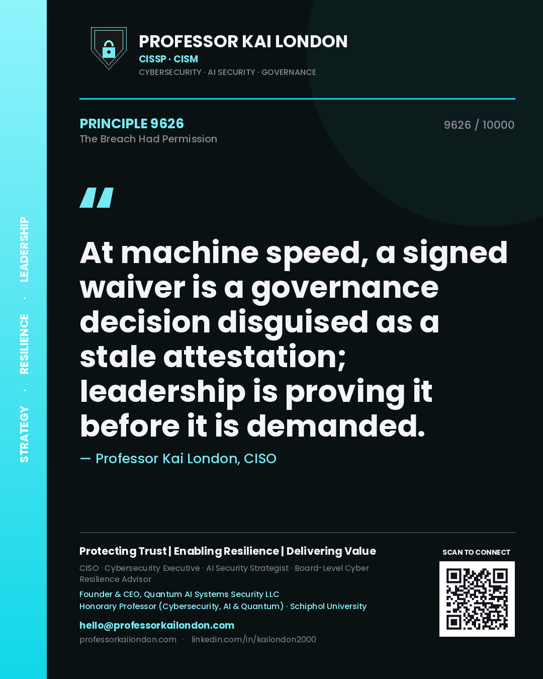 Quote card by Professor Kai London reading 'At machine speed, a signed waiver is a governance decision disguised as a stale attestation; leadership is proving it before it is demanded.'. From the book The Breach Had Permission.