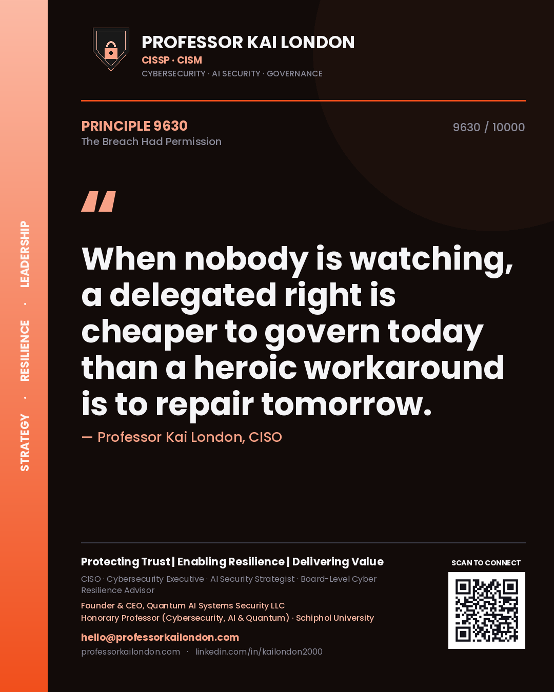 Professor Kai London principle 9630: When nobody is watching, a delegated right is cheaper to govern today than a heroic workaround is to repair tomorrow.