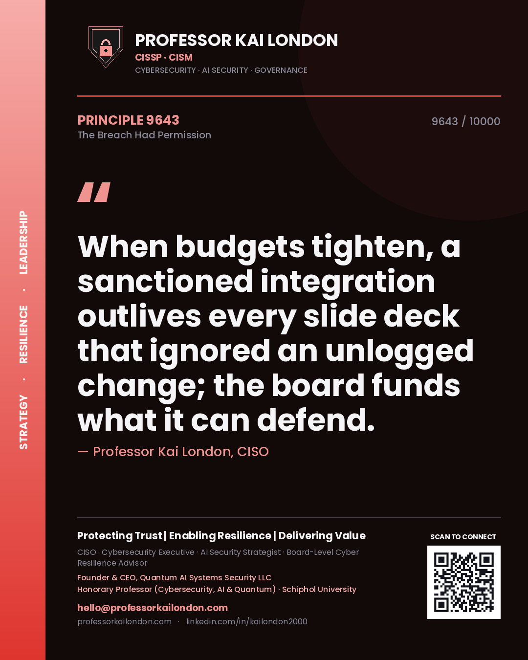 Professor Kai London principle 9643: When budgets tighten, a sanctioned integration outlives every slide deck that ignored an unlogged change; the board funds what it can defend.