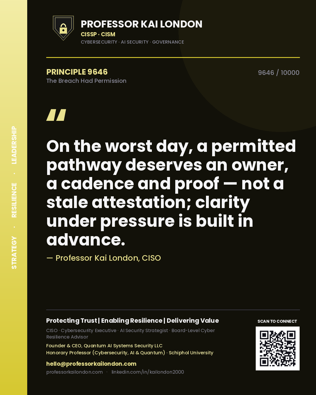 Professor Kai London principle 9646: On the worst day, a permitted pathway deserves an owner, a cadence and proof — not a stale attestation; clarity under pressure is built in advance.