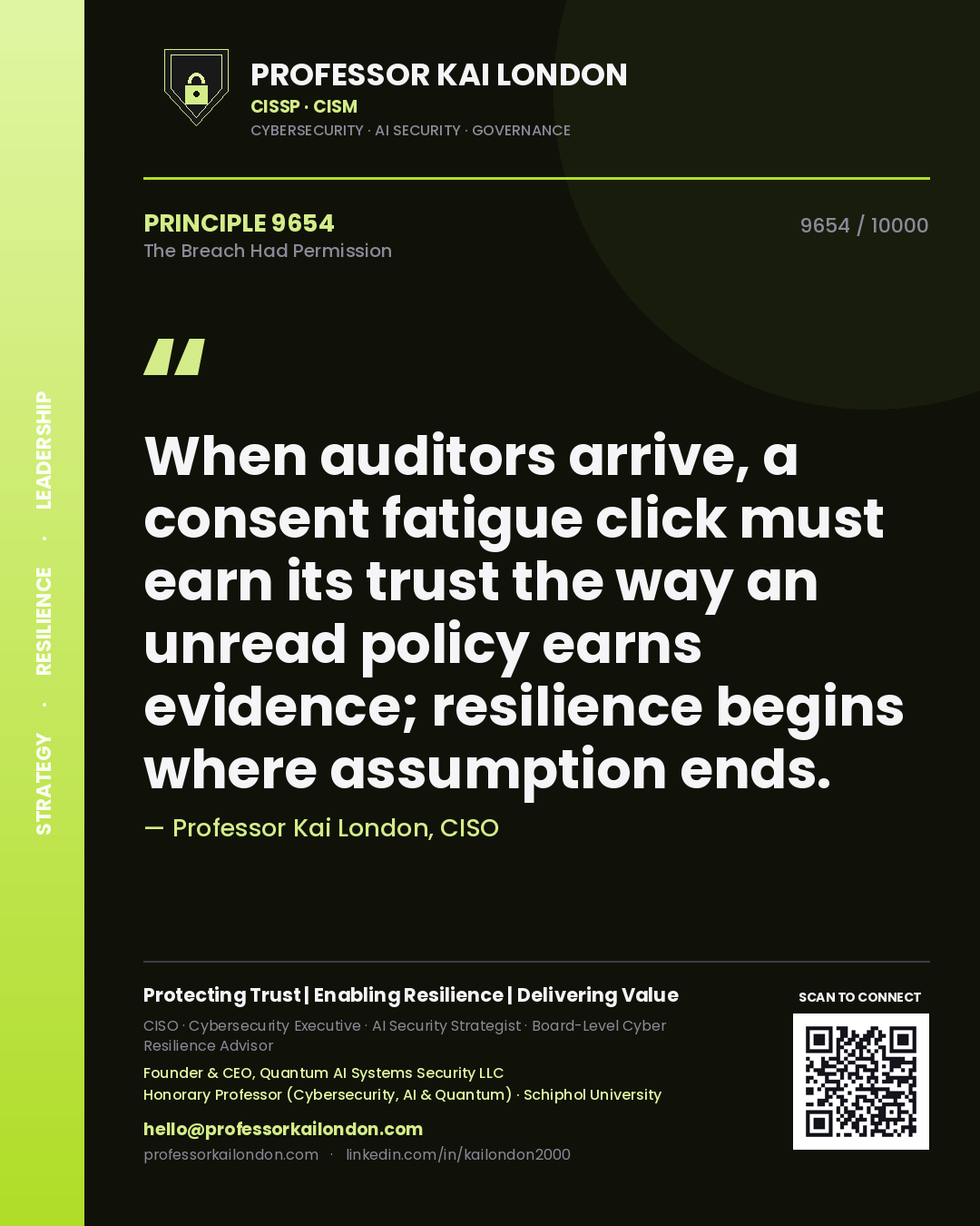 Professor Kai London principle 9654: When auditors arrive, a consent fatigue click must earn its trust the way an unread policy earns evidence; resilience begins where assumption ends.