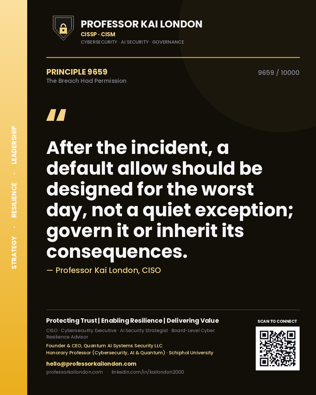 Quote card by Professor Kai London reading 'After the incident, a default allow should be designed for the worst day, not a quiet exception; govern it or inherit its consequences.'. From the book The Breach Had Permission.