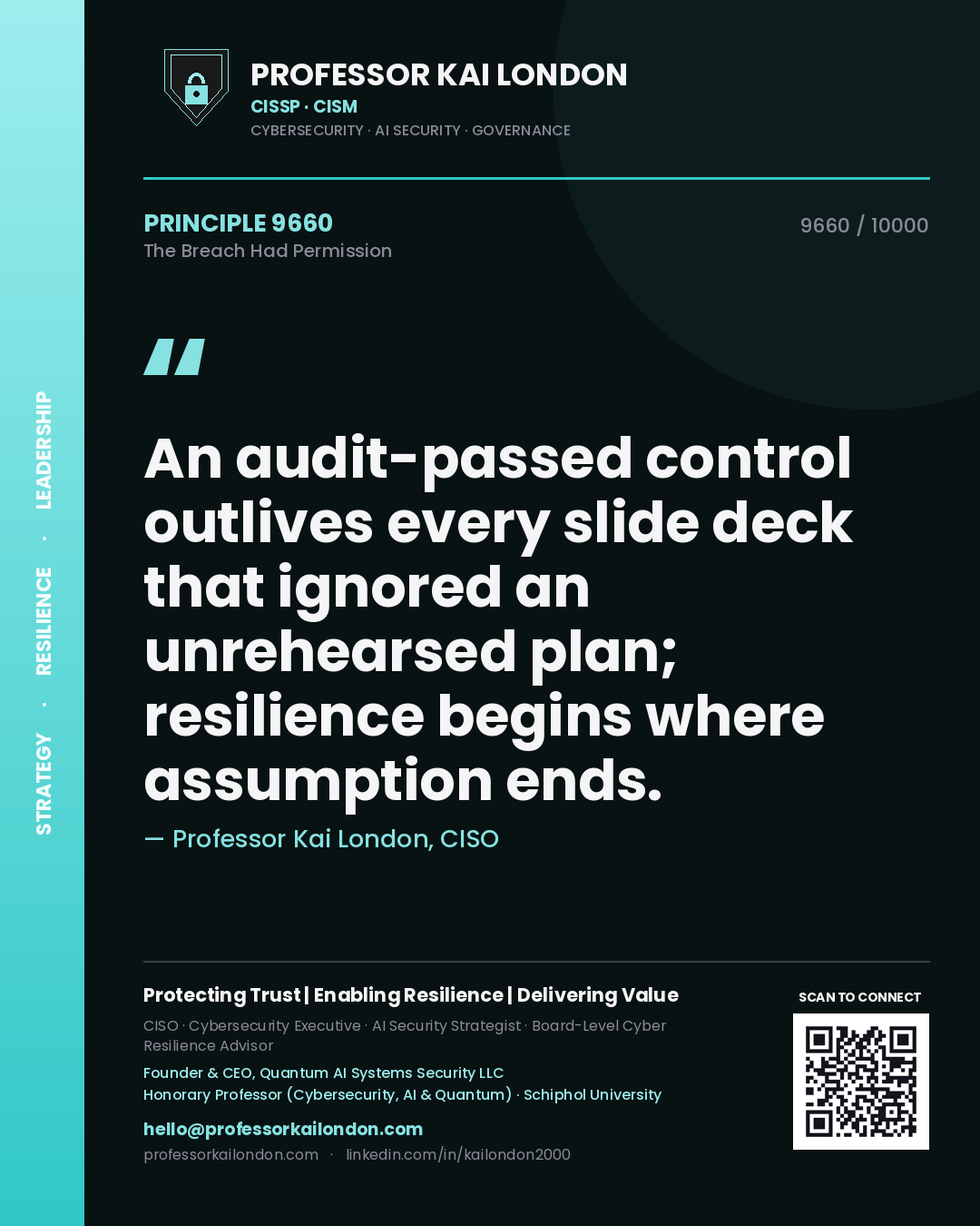 Professor Kai London principle 9660: An audit-passed control outlives every slide deck that ignored an unrehearsed plan; resilience begins where assumption ends.