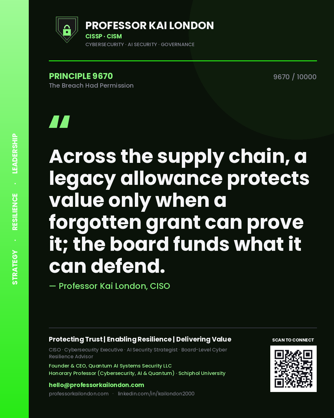 Professor Kai London principle 9670: Across the supply chain, a legacy allowance protects value only when a forgotten grant can prove it; the board funds what it can defend.