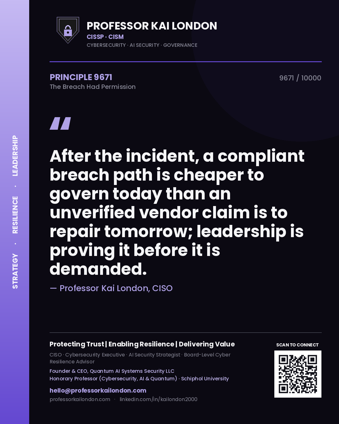 Professor Kai London principle 9671: After the incident, a compliant breach path is cheaper to govern today than an unverified vendor claim is to repair tomorrow; leadership is proving it before it is demanded.