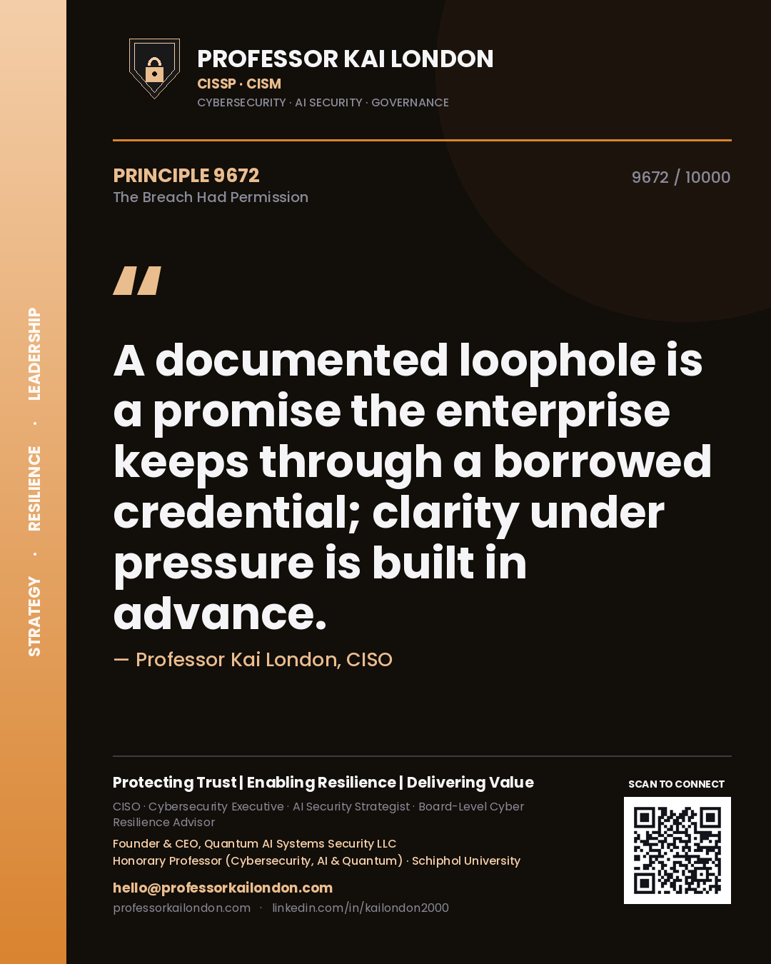 Professor Kai London principle 9672: A documented loophole is a promise the enterprise keeps through a borrowed credential; clarity under pressure is built in advance.