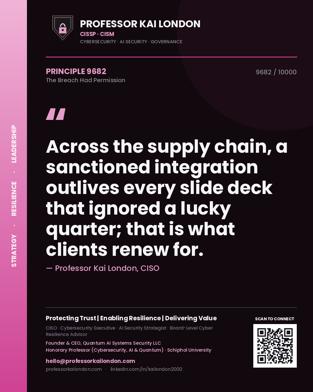 Quote card by Professor Kai London reading 'Across the supply chain, a sanctioned integration outlives every slide deck that ignored a lucky quarter; that is what clients renew for.'. From the book The Breach Had Permission.