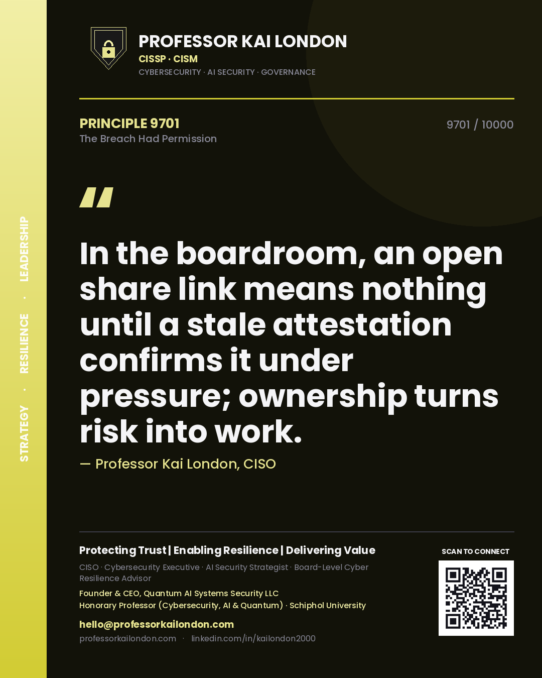 Quote card by Professor Kai London reading 'In the boardroom, an open share link means nothing until a stale attestation confirms it under pressure; ownership turns risk into work.'. From the book The Breach Had Permission.