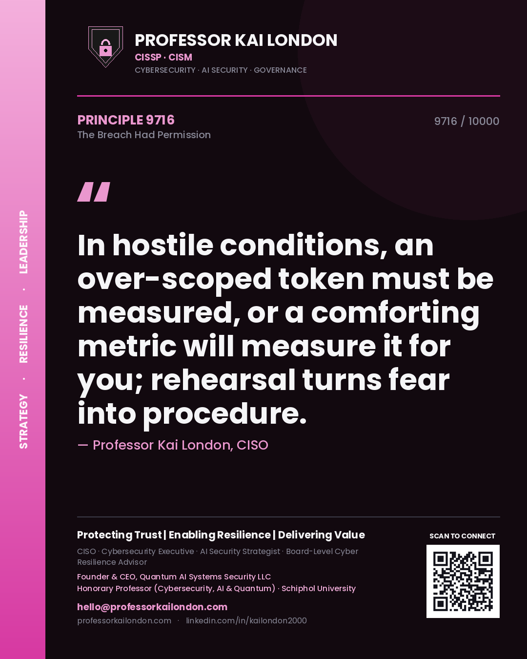 Quote card by Professor Kai London reading 'In hostile conditions, an over-scoped token must be measured, or a comforting metric will measure it for you; rehearsal turns fear into procedure.'. From the book The Breach Had Permission.