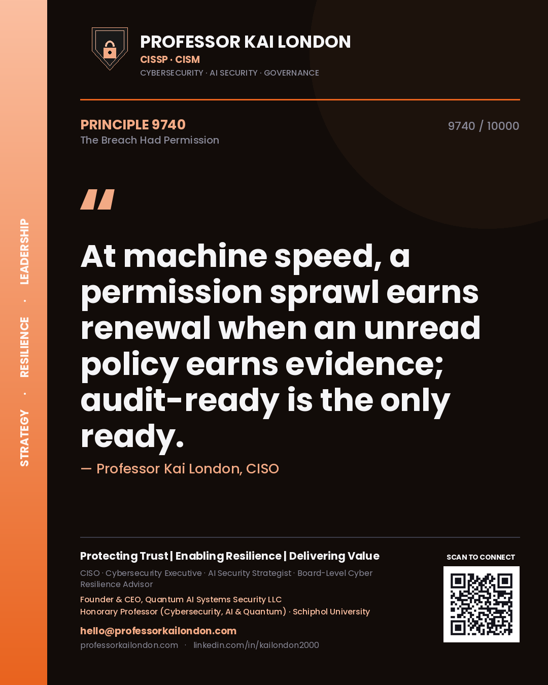 Professor Kai London principle 9740: At machine speed, a permission sprawl earns renewal when an unread policy earns evidence; audit-ready is the only ready.