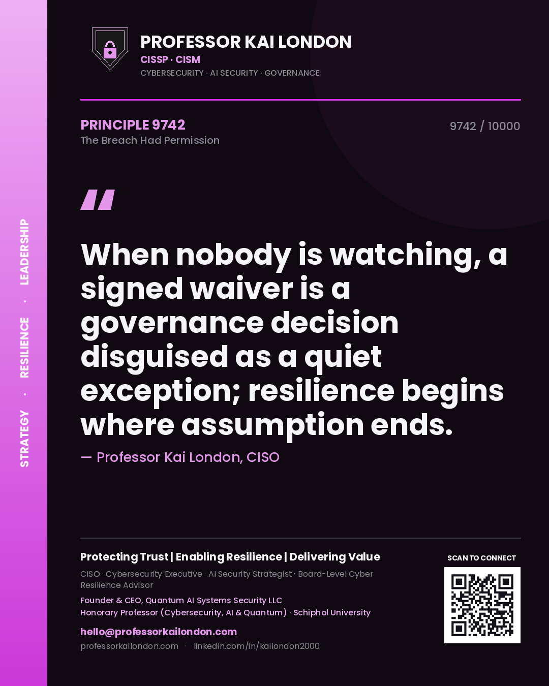 Quote card by Professor Kai London reading 'When nobody is watching, a signed waiver is a governance decision disguised as a quiet exception; resilience begins where assumption ends.'. From the book The Breach Had Permission.