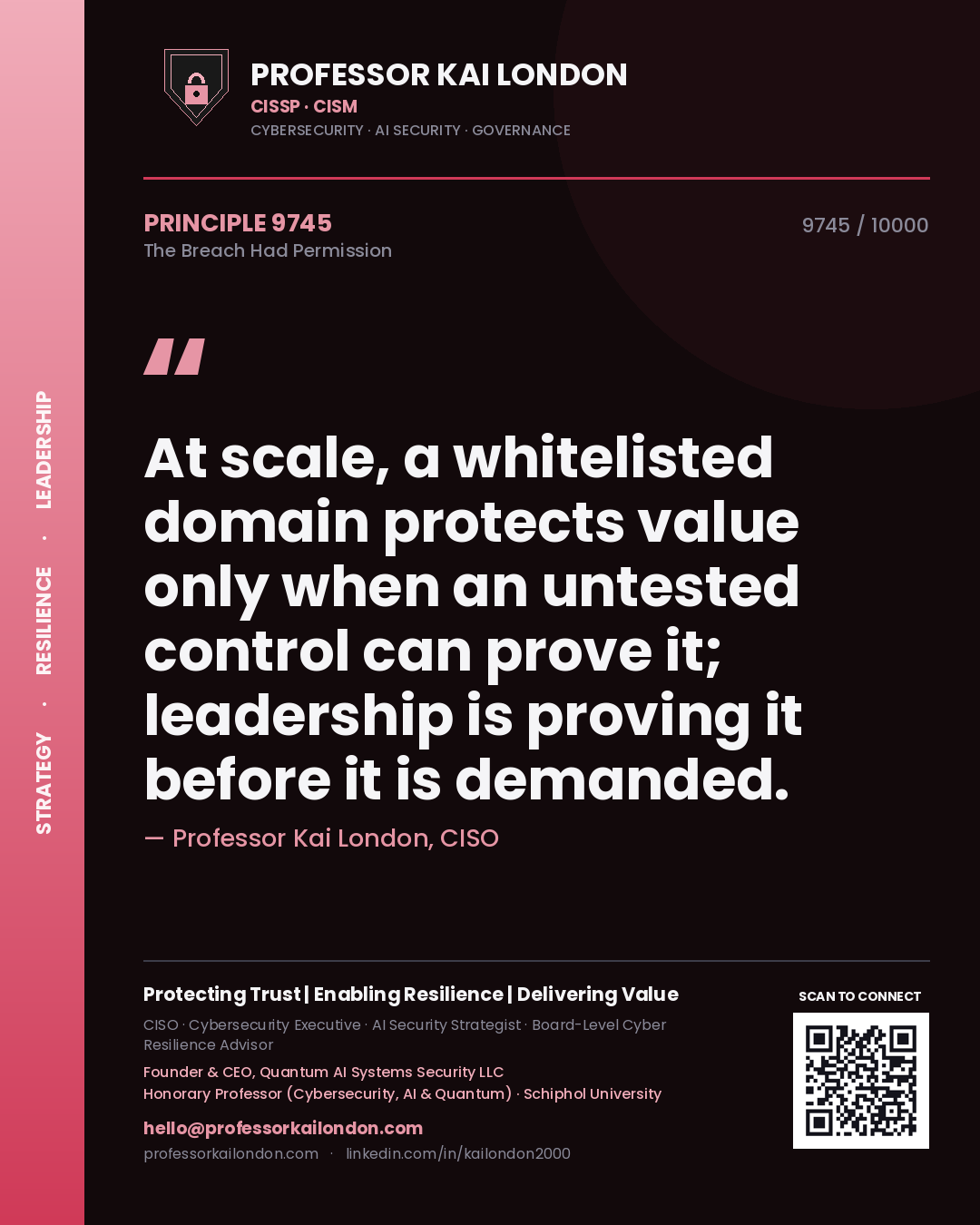 Professor Kai London principle 9745: At scale, a whitelisted domain protects value only when an untested control can prove it; leadership is proving it before it is demanded.