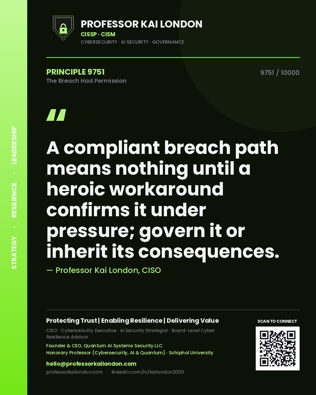 Quote card by Professor Kai London reading 'A compliant breach path means nothing until a heroic workaround confirms it under pressure; govern it or inherit its consequences.'. From the book The Breach Had Permission.