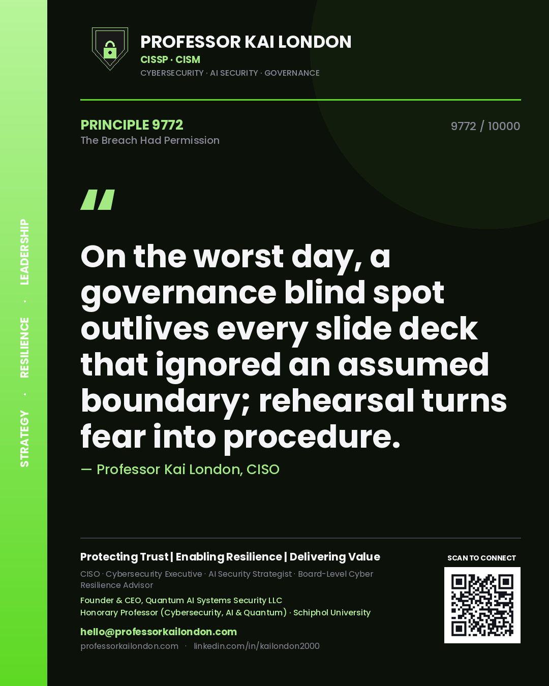 Professor Kai London principle 9772: On the worst day, a governance blind spot outlives every slide deck that ignored an assumed boundary; rehearsal turns fear into procedure.
