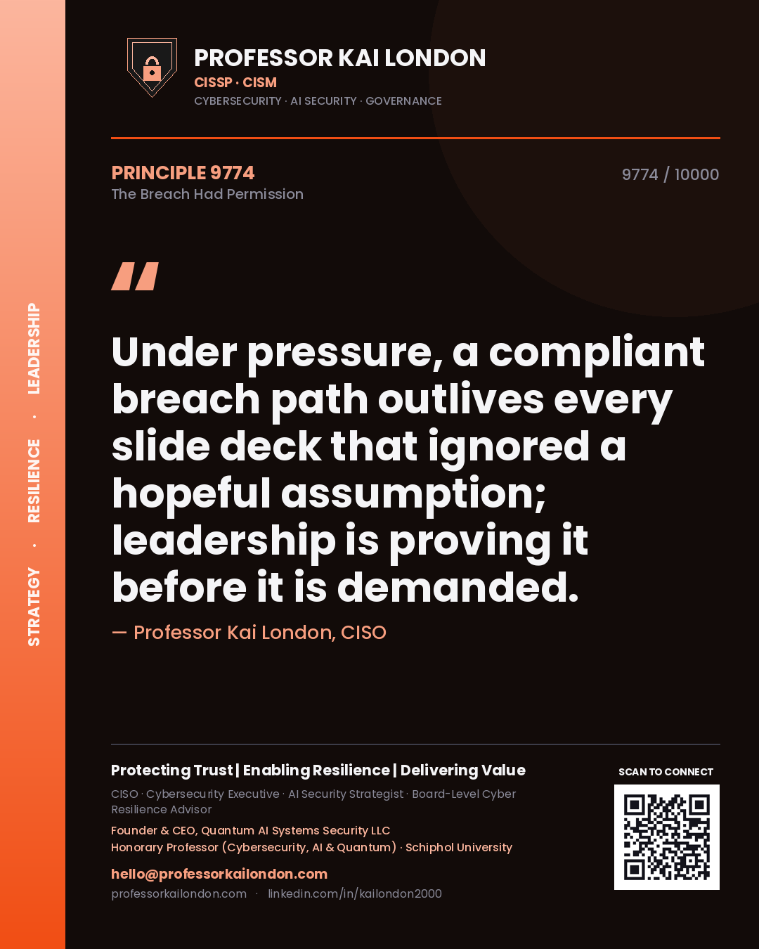 Professor Kai London principle 9774: Under pressure, a compliant breach path outlives every slide deck that ignored a hopeful assumption; leadership is proving it before it is demanded.