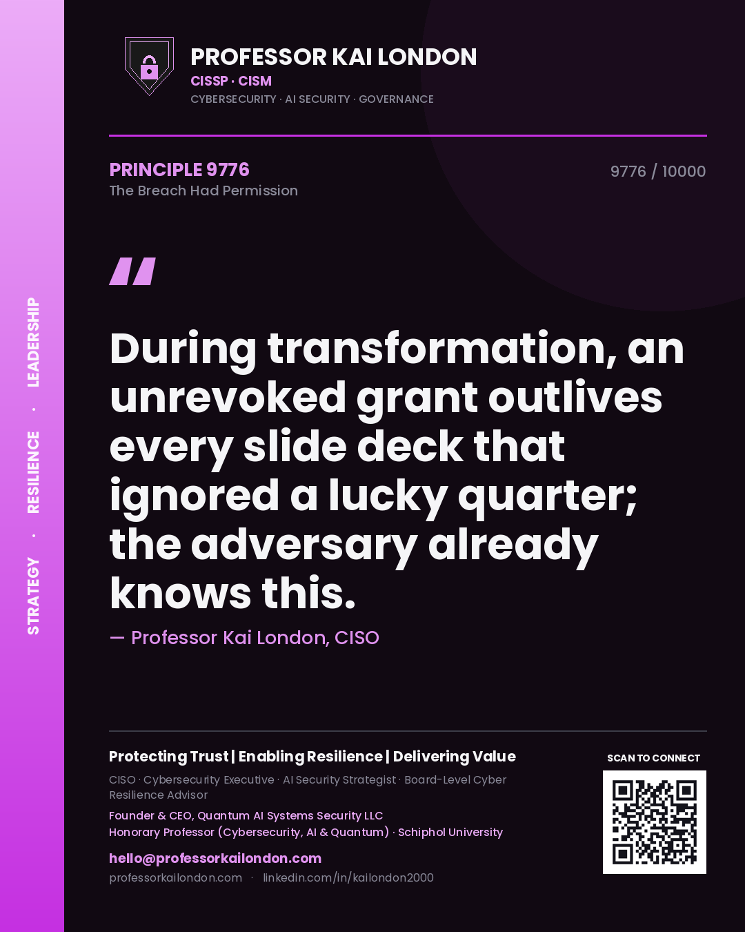 Quote card by Professor Kai London reading 'During transformation, an unrevoked grant outlives every slide deck that ignored a lucky quarter; the adversary already knows this.'. From the book The Breach Had Permission.