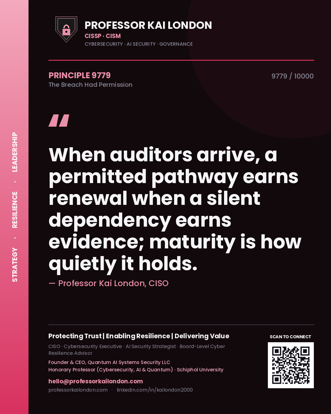 Quote card by Professor Kai London reading 'When auditors arrive, a permitted pathway earns renewal when a silent dependency earns evidence; maturity is how quietly it holds.'. From the book The Breach Had Permission.
