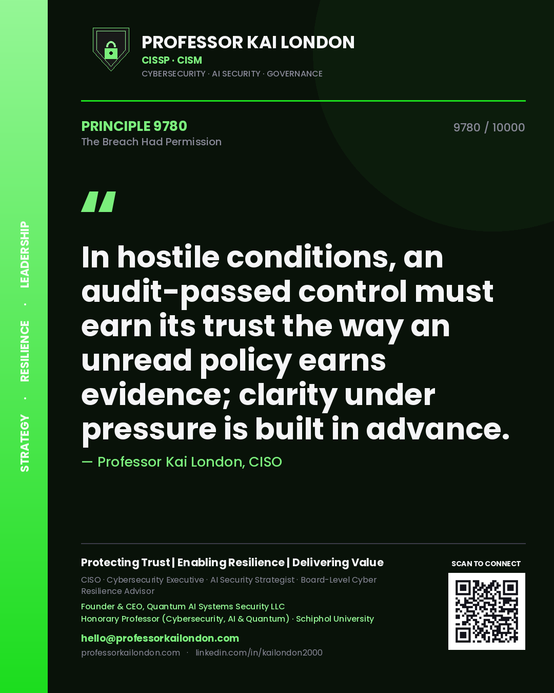 Professor Kai London principle 9780: In hostile conditions, an audit-passed control must earn its trust the way an unread policy earns evidence; clarity under pressure is built in advance.