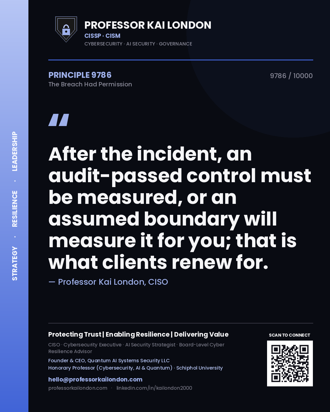 Professor Kai London principle 9786: After the incident, an audit-passed control must be measured, or an assumed boundary will measure it for you; that is what clients renew for.