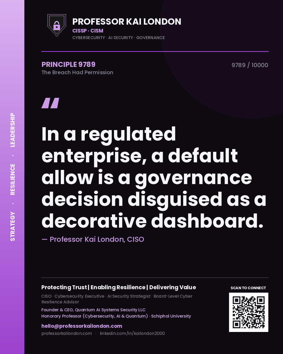Quote card by Professor Kai London reading 'In a regulated enterprise, a default allow is a governance decision disguised as a decorative dashboard.'. From the book The Breach Had Permission.