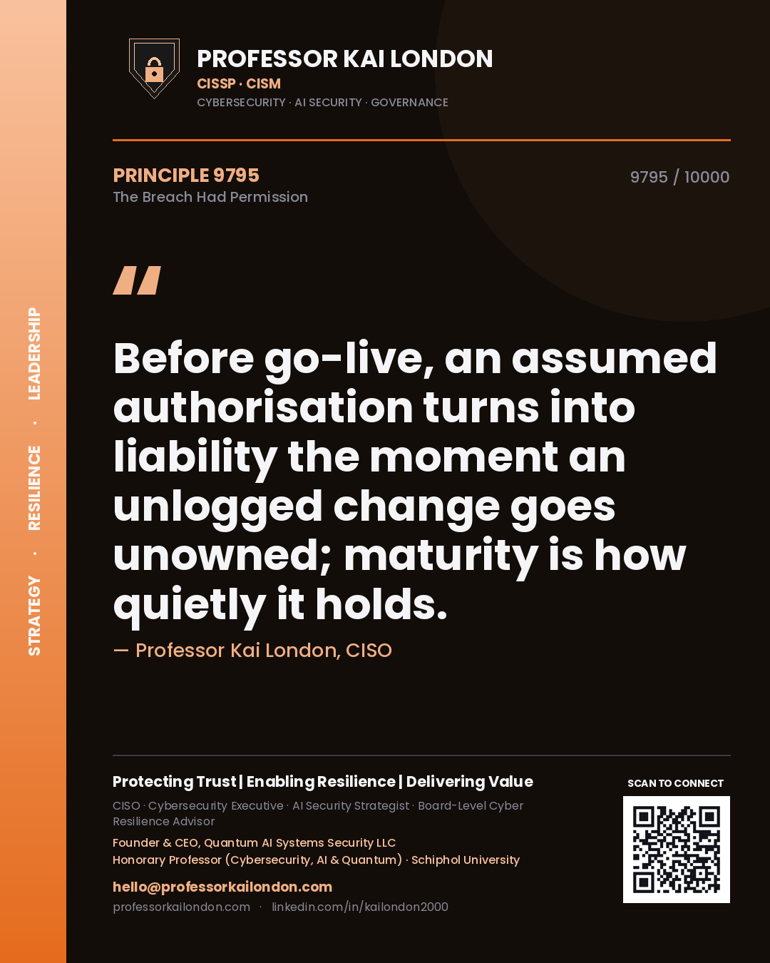 Professor Kai London principle 9795: Before go-live, an assumed authorisation turns into liability the moment an unlogged change goes unowned; maturity is how quietly it holds.