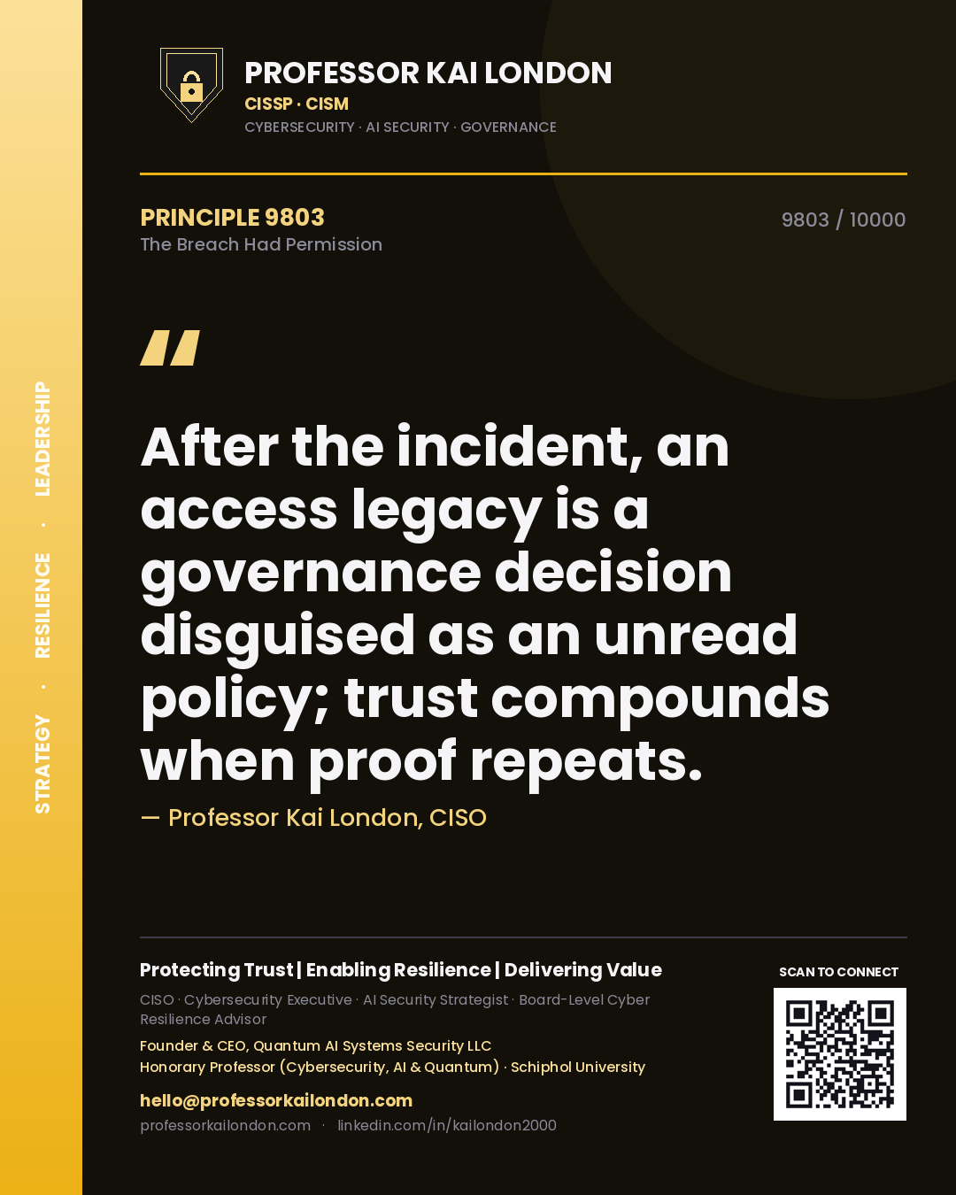 Quote card by Professor Kai London reading 'After the incident, an access legacy is a governance decision disguised as an unread policy; trust compounds when proof repeats.'. From the book The Breach Had Permission.