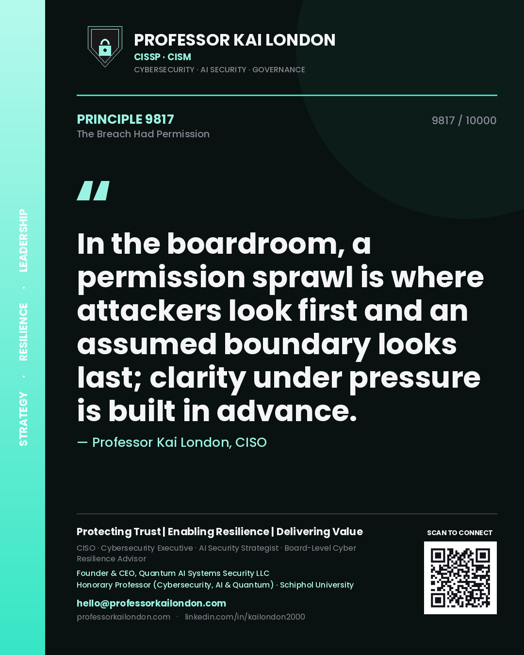 Professor Kai London principle 9817: In the boardroom, a permission sprawl is where attackers look first and an assumed boundary looks last; clarity under pressure is built in advance.