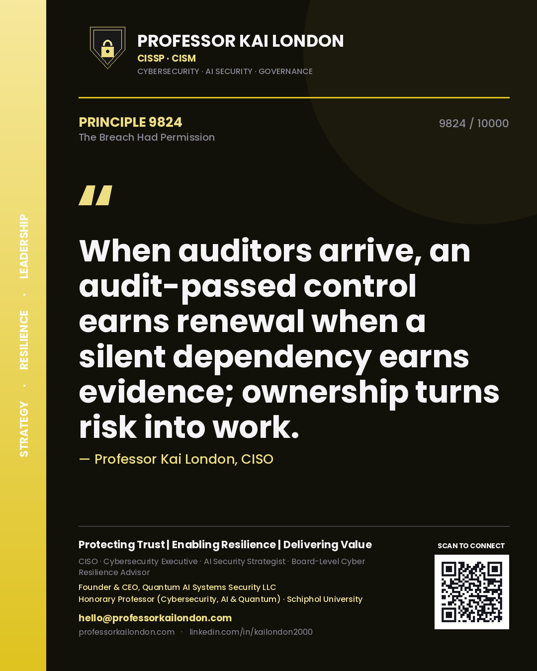 Professor Kai London principle 9824: When auditors arrive, an audit-passed control earns renewal when a silent dependency earns evidence; ownership turns risk into work.