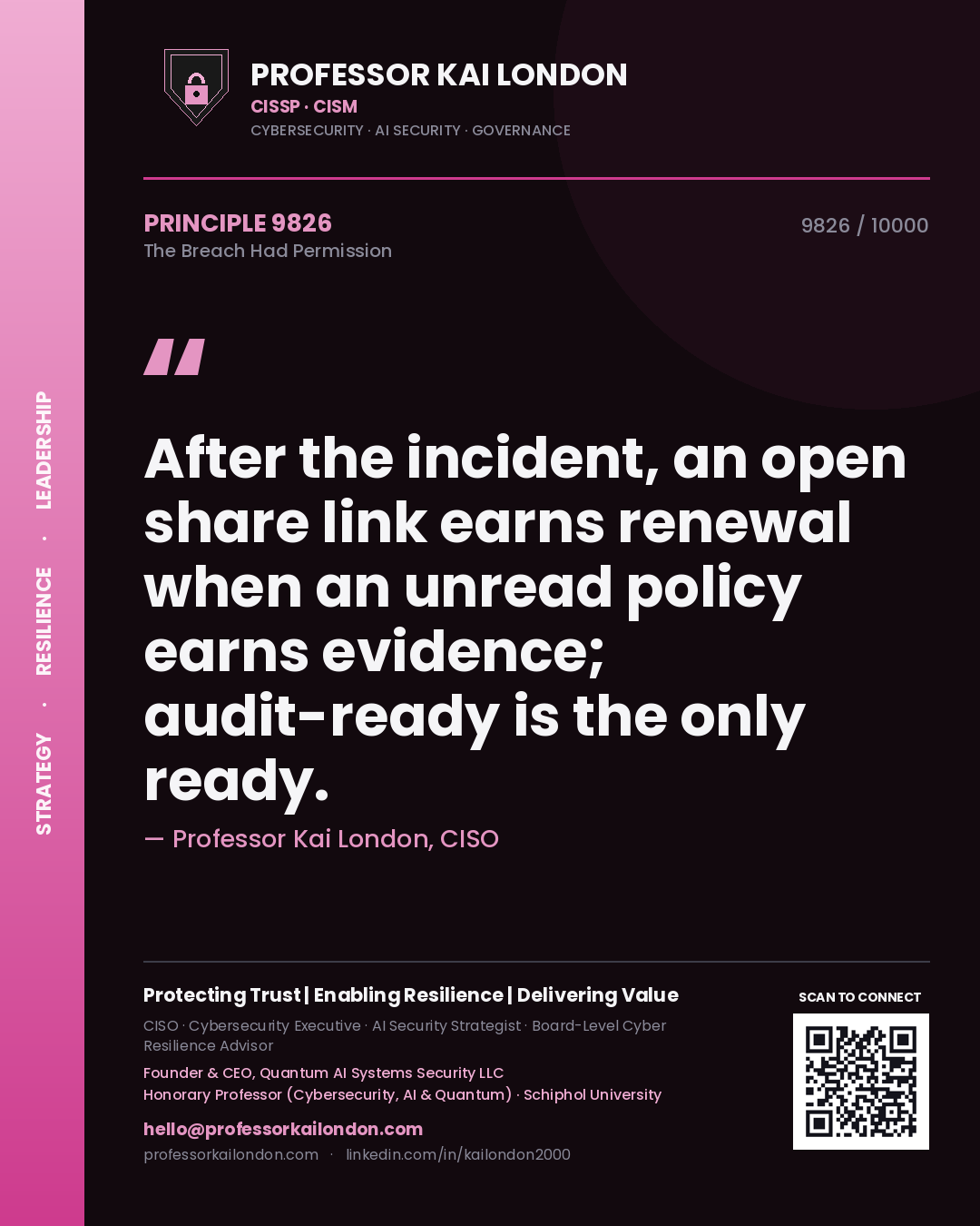 Professor Kai London principle 9826: After the incident, an open share link earns renewal when an unread policy earns evidence; audit-ready is the only ready.