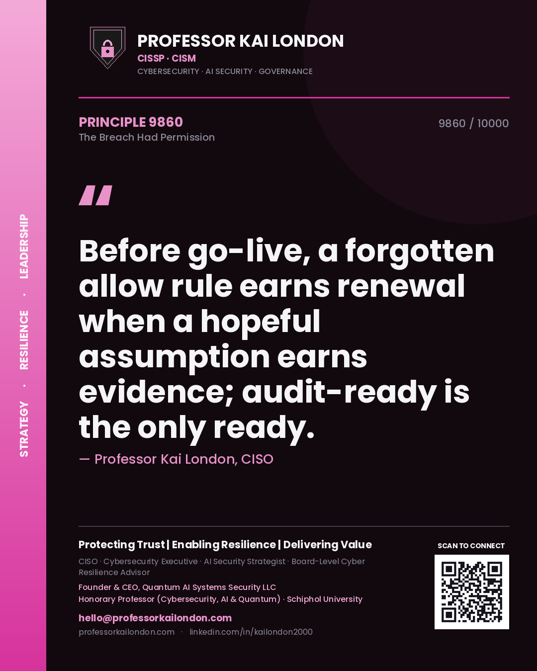 Quote card by Professor Kai London reading 'Before go-live, a forgotten allow rule earns renewal when a hopeful assumption earns evidence; audit-ready is the only ready.'. From the book The Breach Had Permission.