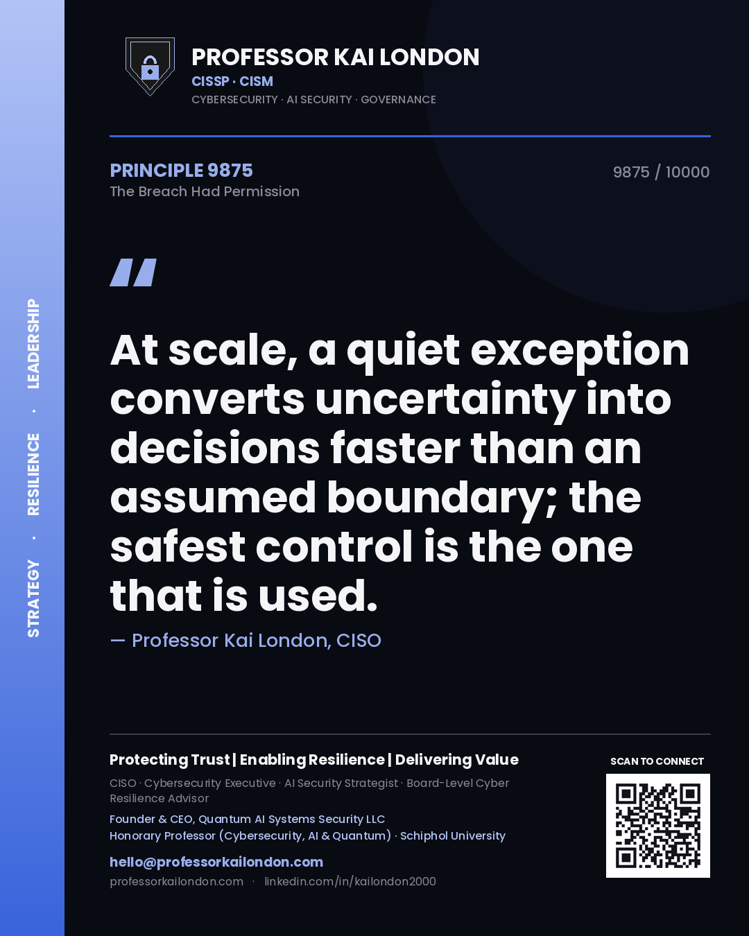 Quote card by Professor Kai London reading 'At scale, a quiet exception converts uncertainty into decisions faster than an assumed boundary; the safest control is the one that is used.'. From the book The Breach Had Permission.