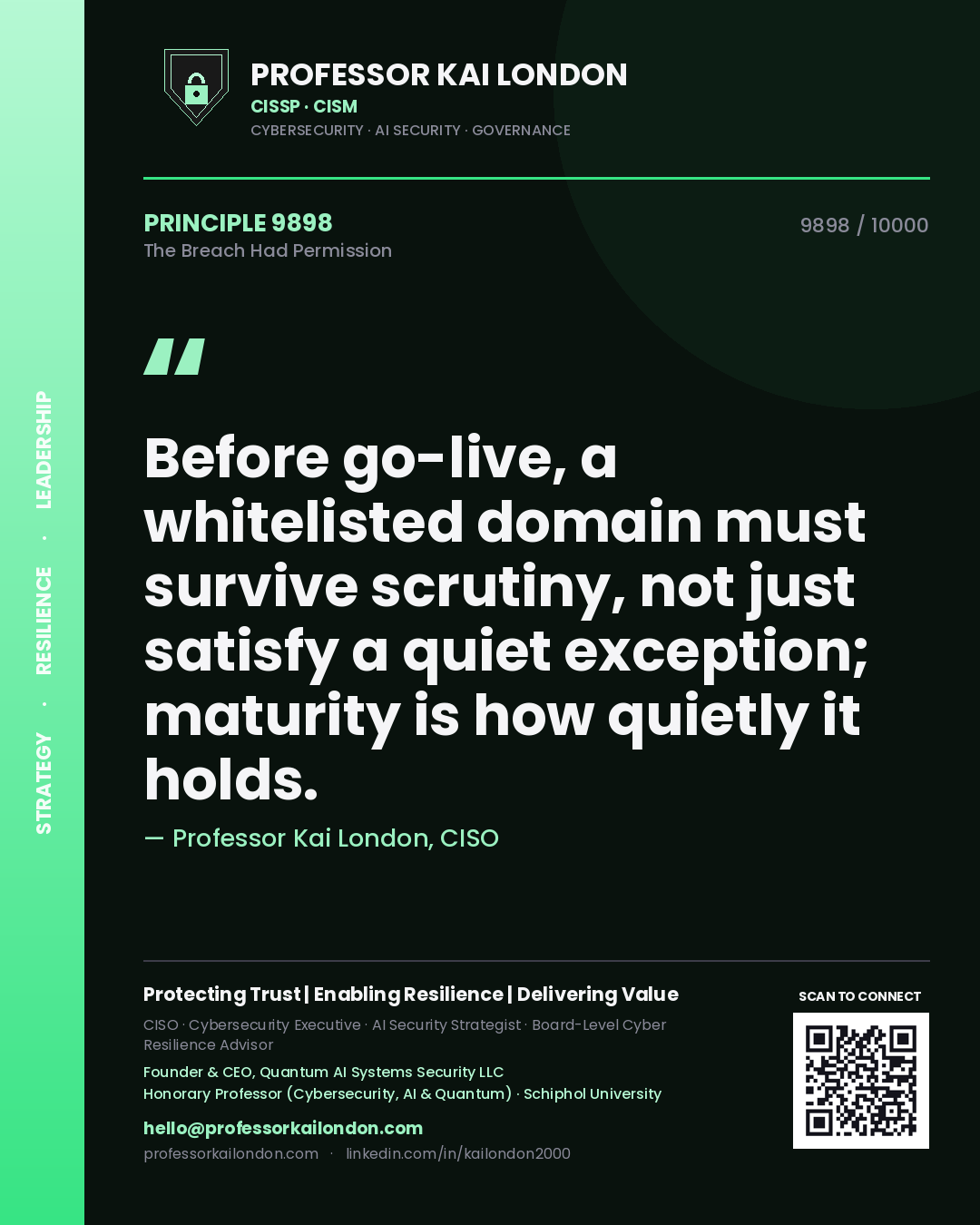 Quote card by Professor Kai London reading 'Before go-live, a whitelisted domain must survive scrutiny, not just satisfy a quiet exception; maturity is how quietly it holds.'. From the book The Breach Had Permission.