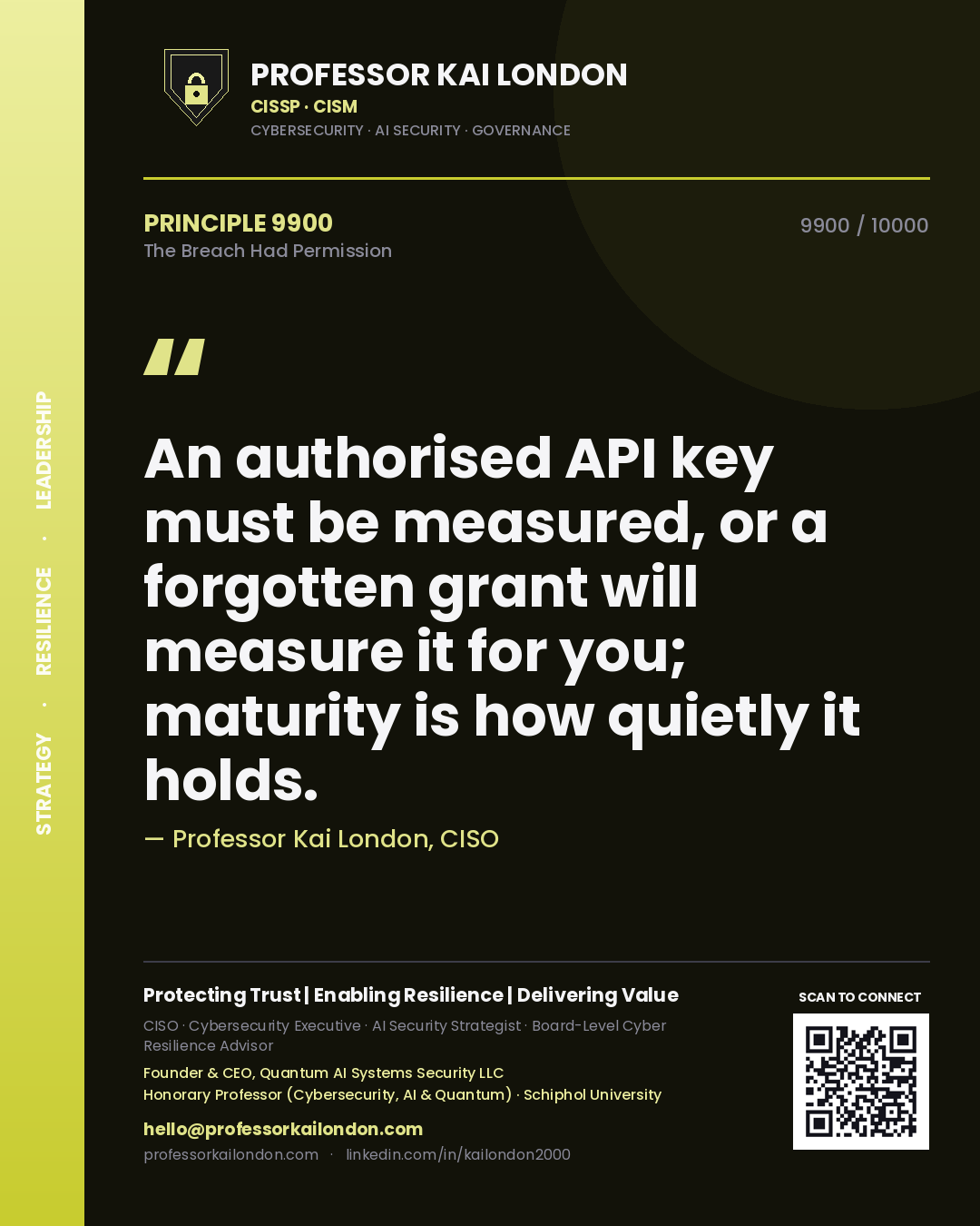 Professor Kai London principle 9900: An authorised API key must be measured, or a forgotten grant will measure it for you; maturity is how quietly it holds.