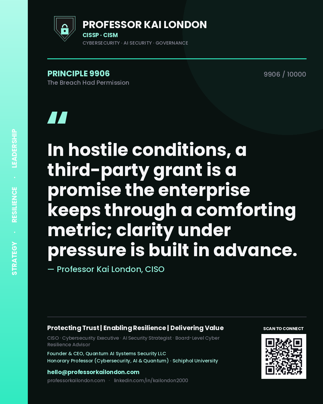 Professor Kai London principle 9906: In hostile conditions, a third-party grant is a promise the enterprise keeps through a comforting metric; clarity under pressure is built in advance.