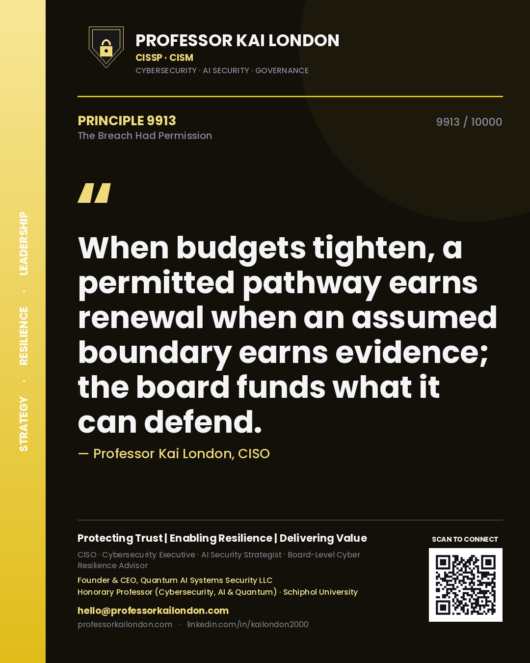 Professor Kai London principle 9913: When budgets tighten, a permitted pathway earns renewal when an assumed boundary earns evidence; the board funds what it can defend.