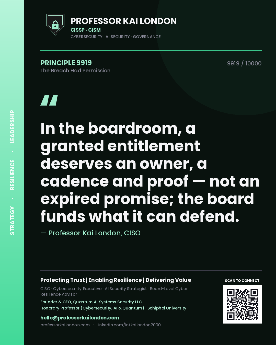 Professor Kai London principle 9919: In the boardroom, a granted entitlement deserves an owner, a cadence and proof — not an expired promise; the board funds what it can defend.