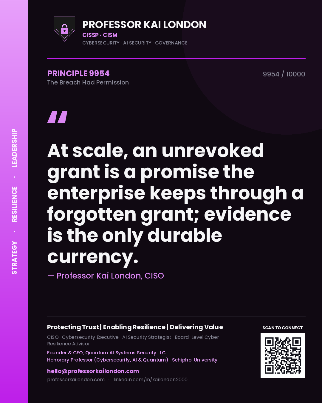Quote card by Professor Kai London reading 'At scale, an unrevoked grant is a promise the enterprise keeps through a forgotten grant; evidence is the only durable currency.'. From the book The Breach Had Permission.