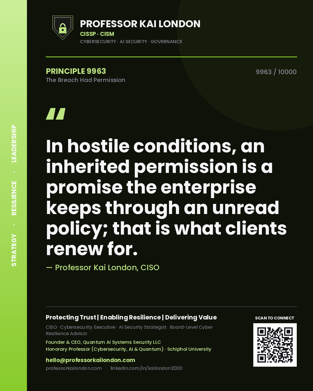 Quote card by Professor Kai London reading 'In hostile conditions, an inherited permission is a promise the enterprise keeps through an unread policy; that is what clients renew for.'. From the book The Breach Had Permission.