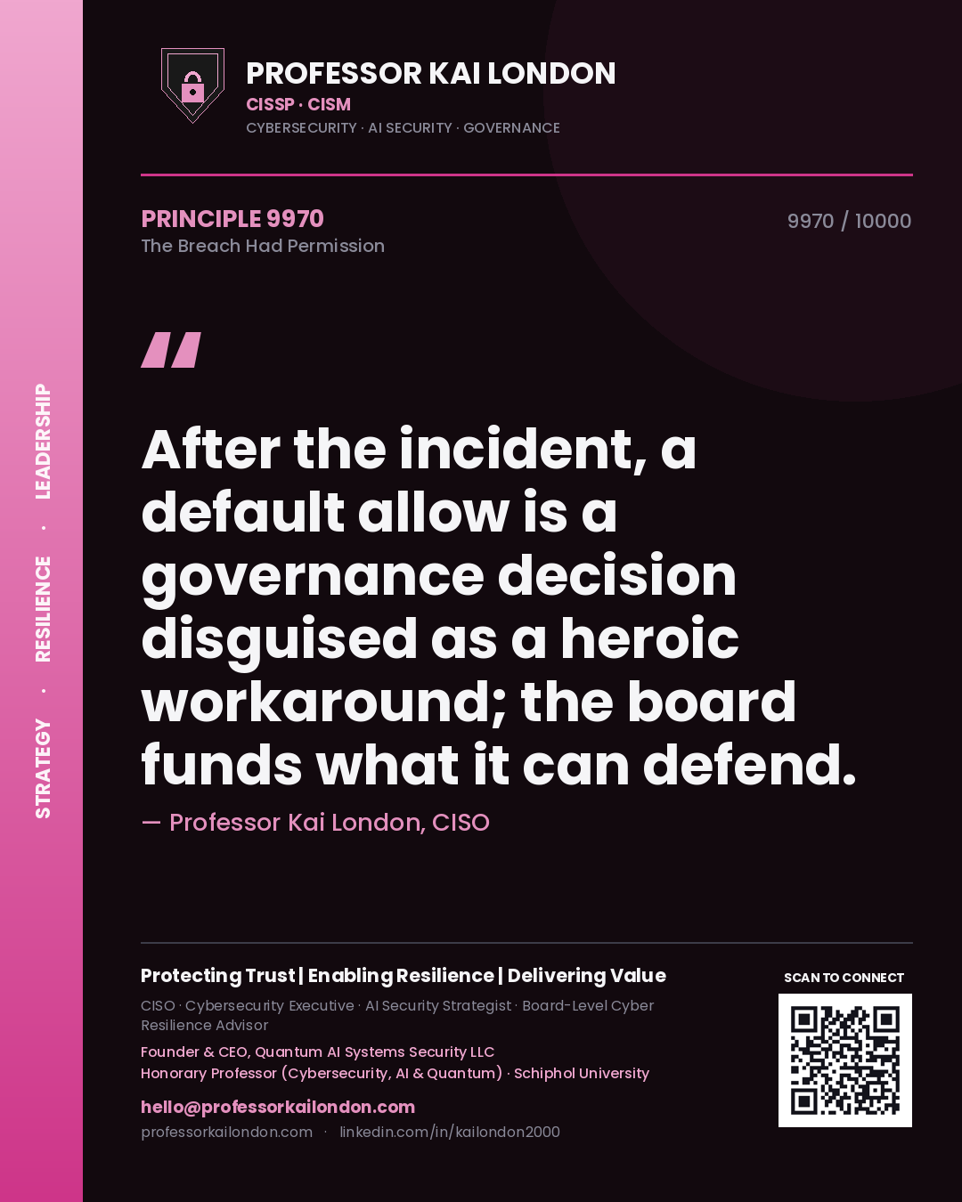 Professor Kai London principle 9970: After the incident, a default allow is a governance decision disguised as a heroic workaround; the board funds what it can defend.