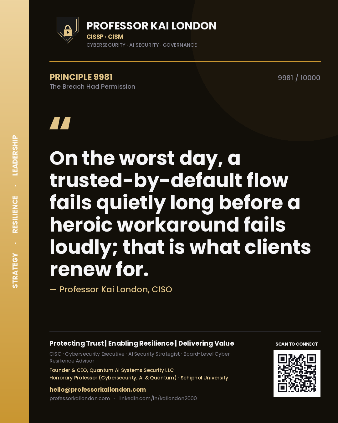Quote card by Professor Kai London reading 'On the worst day, a trusted-by-default flow fails quietly long before a heroic workaround fails loudly; that is what clients renew for.'. From the book The Breach Had Permission.