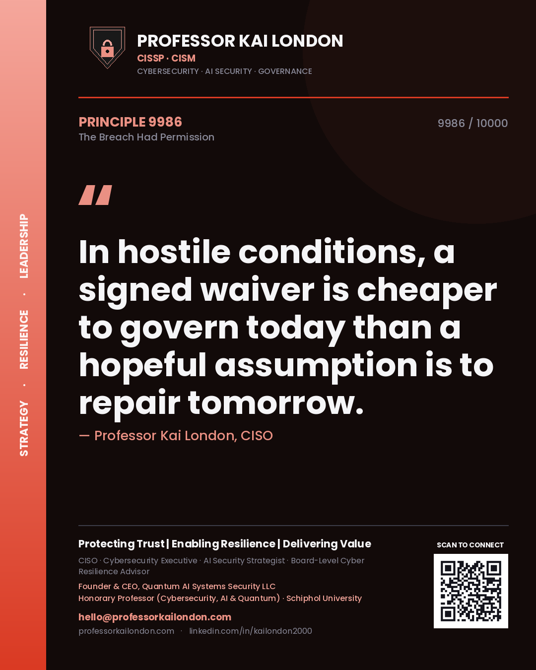 Quote card by Professor Kai London reading 'In hostile conditions, a signed waiver is cheaper to govern today than a hopeful assumption is to repair tomorrow.'. From the book The Breach Had Permission.