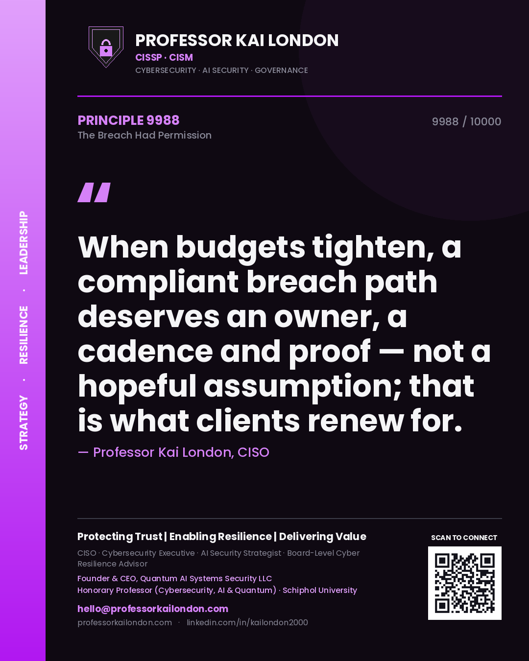 Quote card by Professor Kai London reading 'When budgets tighten, a compliant breach path deserves an owner, a cadence and proof — not a hopeful assumption; that is what clients renew for.'. From the book The Breach Had Permission.