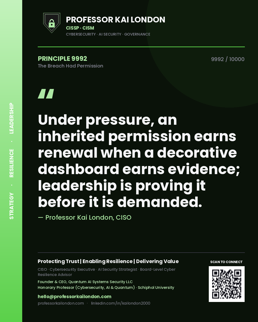 Professor Kai London principle 9992: Under pressure, an inherited permission earns renewal when a decorative dashboard earns evidence; leadership is proving it before it is demanded.