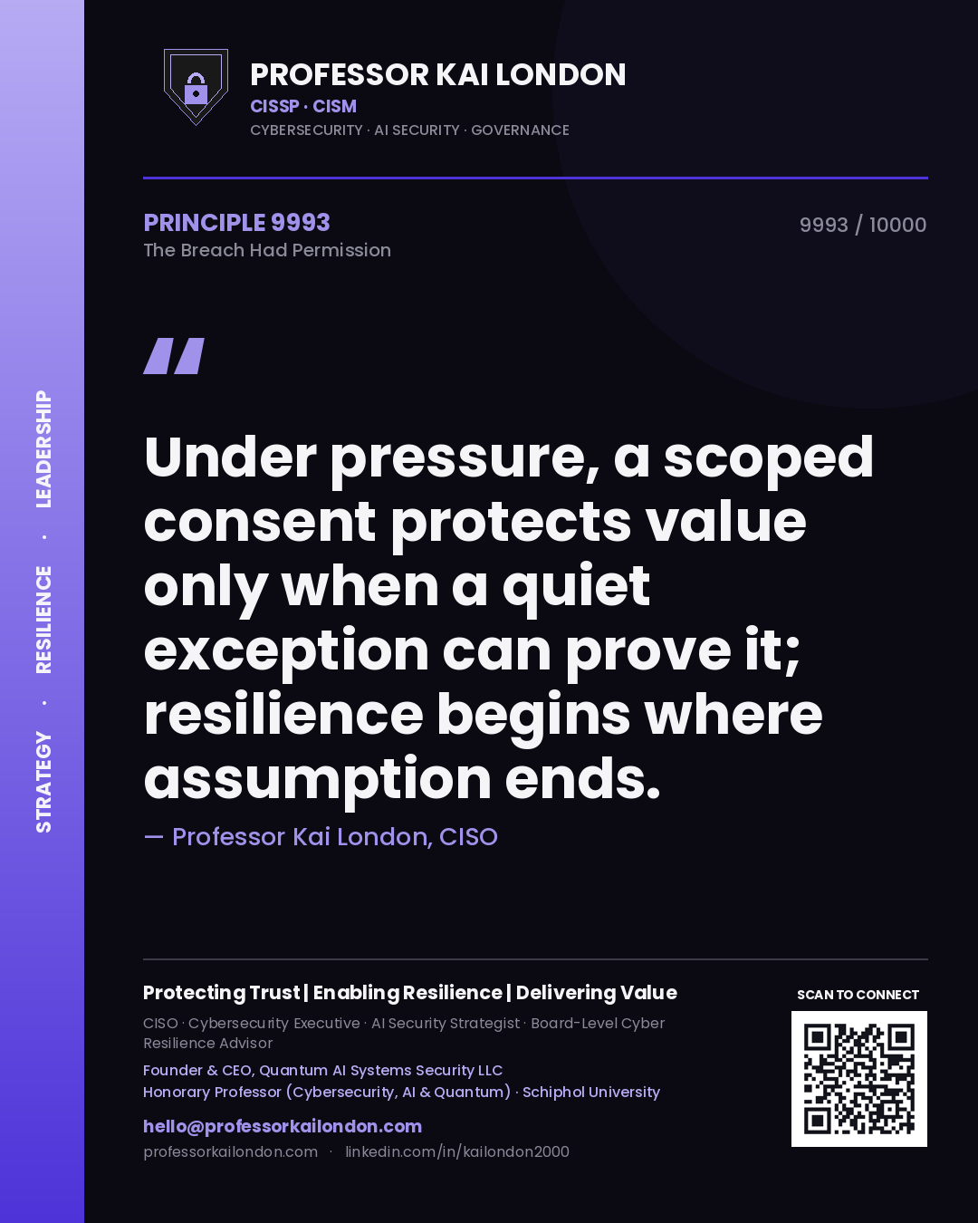 Quote card by Professor Kai London reading 'Under pressure, a scoped consent protects value only when a quiet exception can prove it; resilience begins where assumption ends.'. From the book The Breach Had Permission.