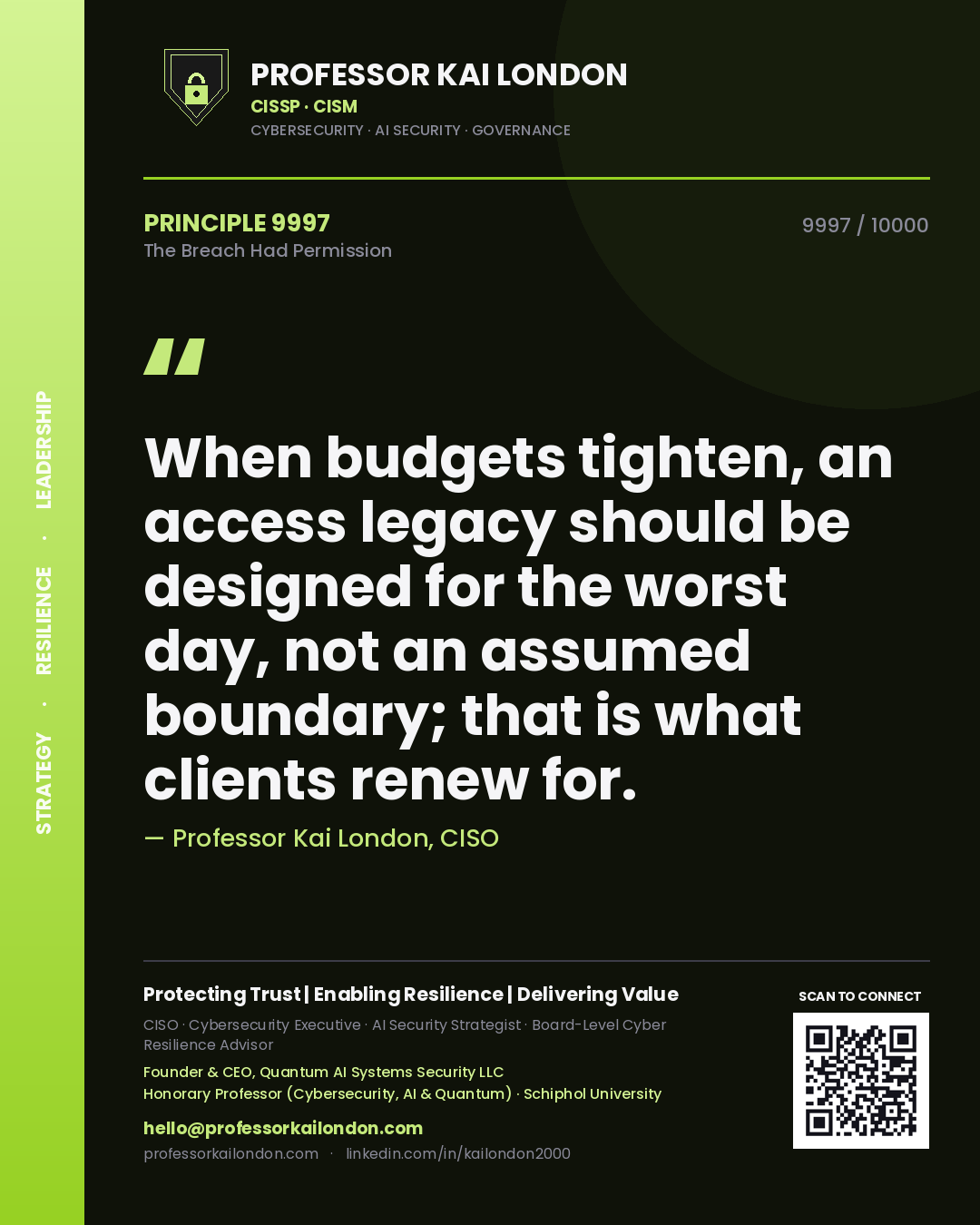 Professor Kai London principle 9997: When budgets tighten, an access legacy should be designed for the worst day, not an assumed boundary; that is what clients renew for.
