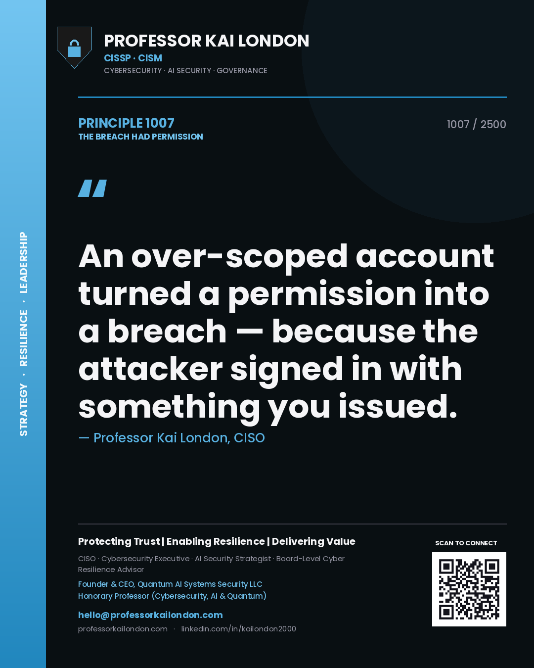 Professor Kai London principle 1007: An over-scoped account turned a permission into a breach — because the attacker signed in with something you issued.