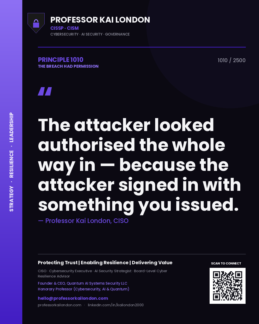 Quote card by Professor Kai London reading 'The attacker looked authorised the whole way in — because the attacker signed in with something you issued.'. From the book The Breach Had Permission.